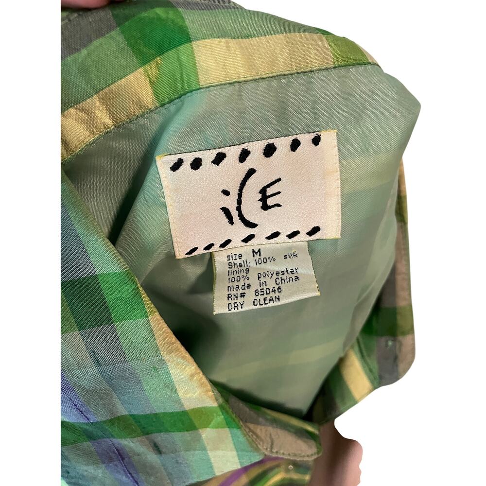 Vintage Y2K 100% Silk Plaid Sleeveless Button-Up Blouse Green Lavender Size M - Picture 4 of 5